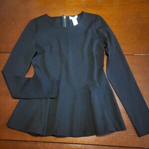 Carmen Marc Valvo Black Long Sleeve Round Neck Peplum Top Ponte Fabric Small